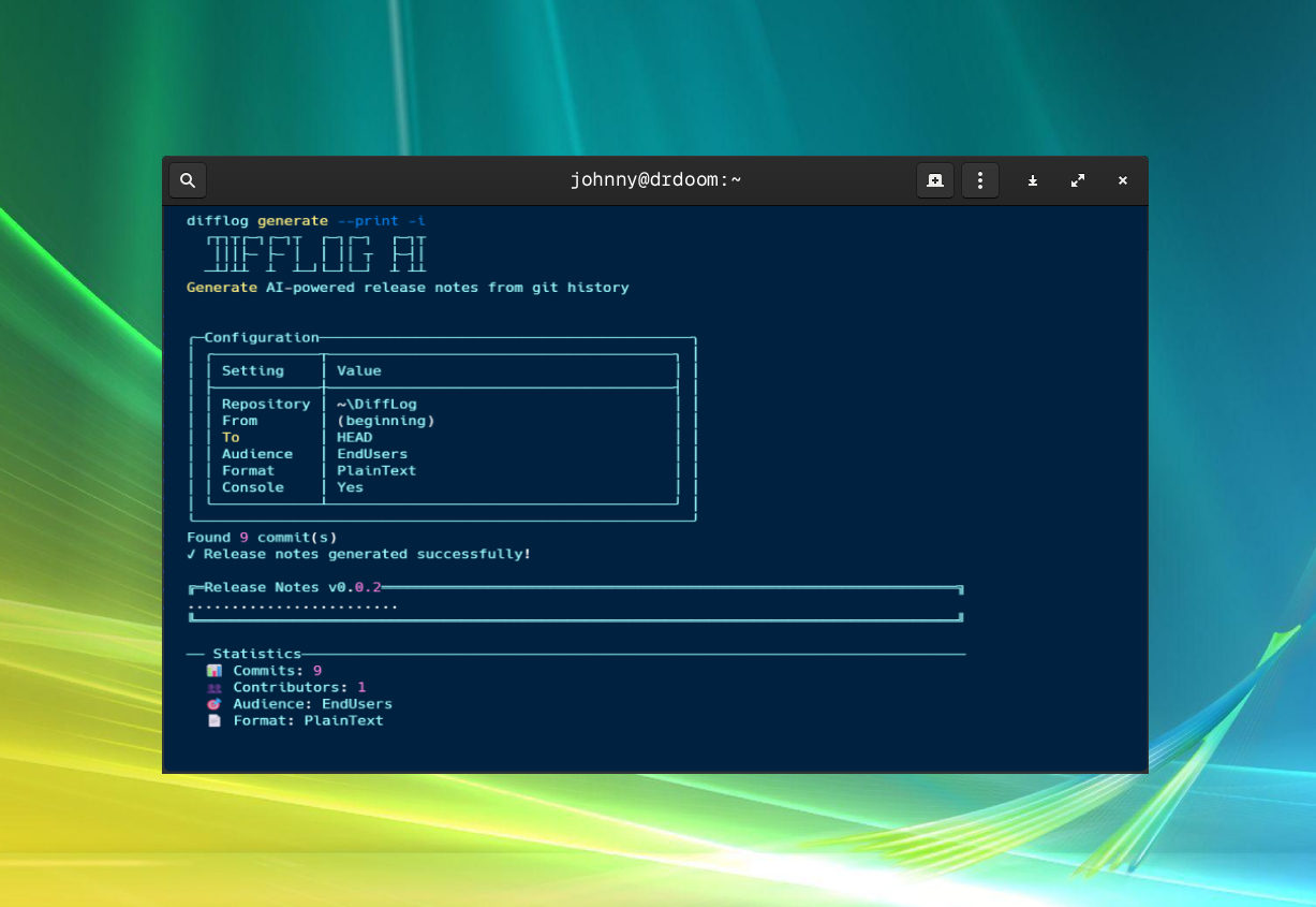 DiffLog interactive terminal session generating release notes